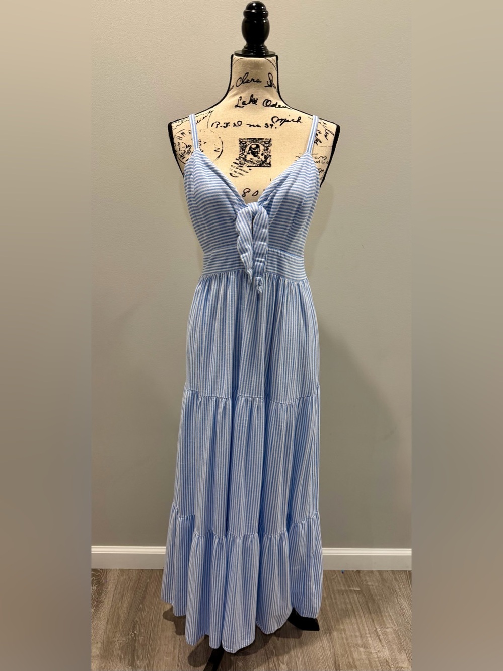 CeCe Dresses Blue White Striped Tie Front Maxi Dress Size Medium